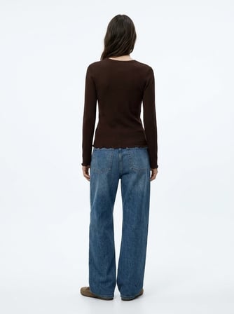 Slim Fit V Yaka Uzun Kollu Kahverengi Sweatshırt