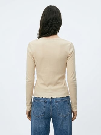 Slim Fit V Yaka Uzun Kollu Beyaz Sweatshırt
