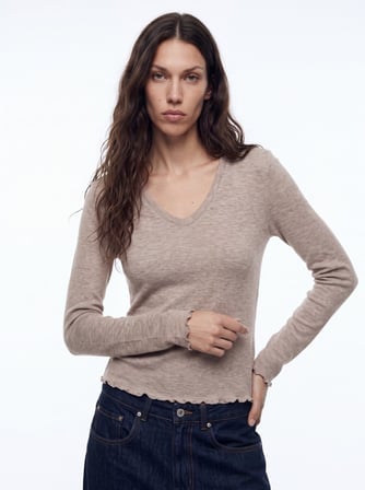 Slim Fit V Yaka Uzun Kollu Gri Sweatshırt