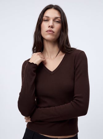 Slim Fit V Yaka Uzun Kollu Kahverengi Sweatshırt