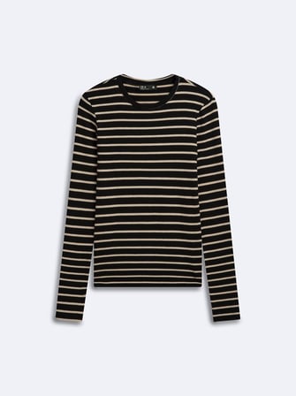 Slim Fit Çizgili Bisiklet Yaka Siyah Sweatshırt