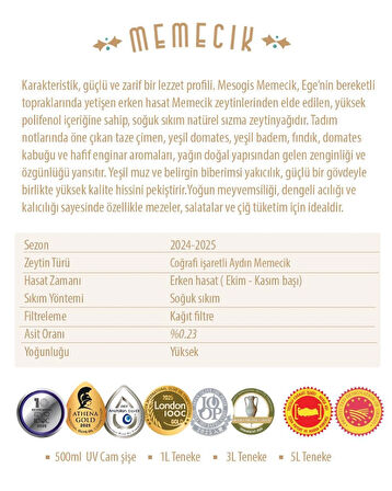 Mesogis Zeytin Zeytinyağı Mesogis Memecik – Uluslararası Ödüllü Erken Hasat Natürel Sızma Zeytinyağı | Soğuk Sıkım