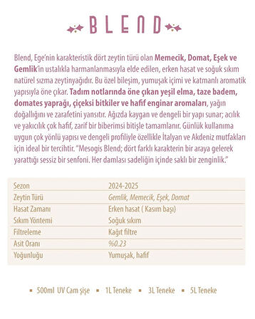 Mesogis Blend – Yumuşak & Çok Yönlü Natürel Sızma Zeytinyağı | Erken Hasat | Soğuk Sıkım | 500ml