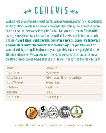 Mesogis Geneviş – Uluslararası Ödüllü Dengeli Natürel Sızma Zeytinyağı | Erken Hasat | Soğuk Sıkım | 500ml