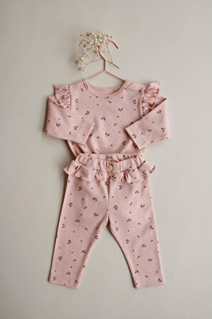 Gül Baskılı Fırfırlı Body Tayt Takım