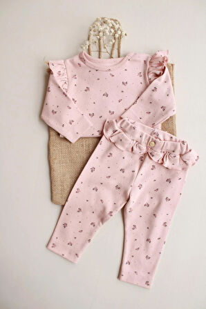 Gül Baskılı Fırfırlı Body Tayt Takım