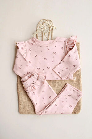 Gül Baskılı Fırfırlı Body Tayt Takım