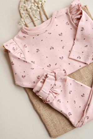 Gül Baskılı Fırfırlı Body Tayt Takım