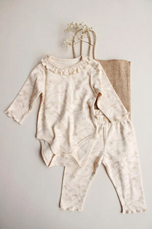 Krem Dal Desenli Fırfırlı Body Tayt Takım