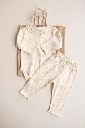 Krem Dal Desenli Fırfırlı Body Tayt Takım