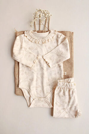 Krem Dal Desenli Fırfırlı Body Tayt Takım