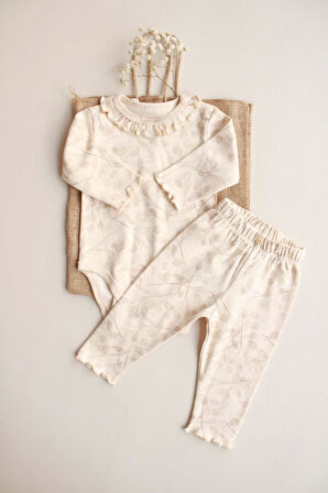 Krem Dal Desenli Fırfırlı Body Tayt Takım