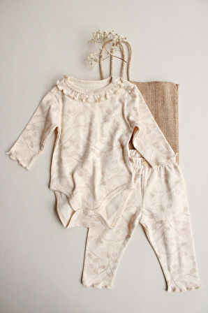 Krem Dal Desenli Fırfırlı Body Tayt Takım