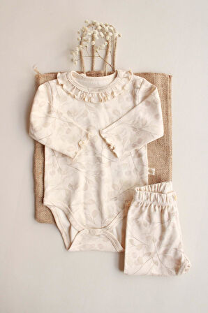 Krem Dal Desenli Fırfırlı Body Tayt Takım