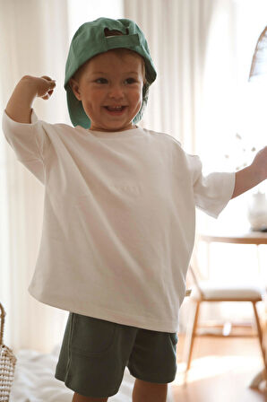 Beyaz Bisiklet Yaka Oversize T-shirt Bebek - Çocuk