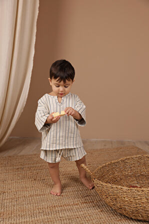 İndigo Çizgili Şort Takım