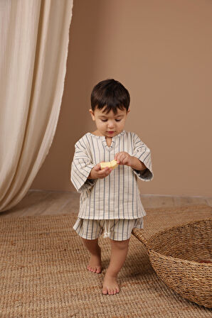 İndigo Çizgili Şort Takım