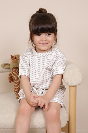 İndigo Çizgili Lastikli T shirt Şort Takım