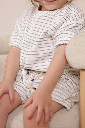 İndigo Çizgili Lastikli T shirt Şort Takım