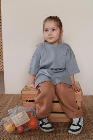 Açık Gri Nakışlı Oversize T-shirt