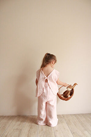 Pembe Çizgili Sırt Detaylı Müslin Takım