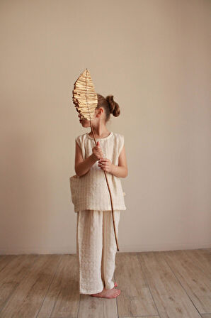 Bej Çizgili Asimetrik Cepli Müslin Takım