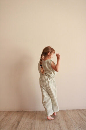 Yeşil Çizgili Asimetrik Cepli Müslin Takım