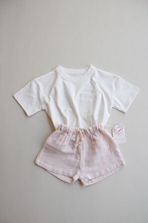 Pembe Kontrast Dikişli Asimetrik Şortlu Takım