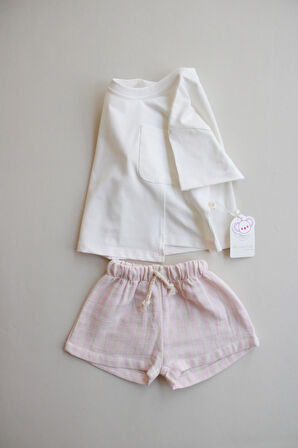 Pembe Kontrast Dikişli Asimetrik Şortlu Takım