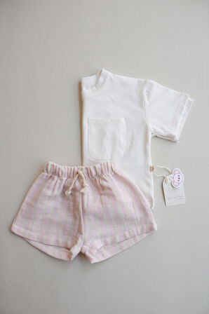 Pembe Kontrast Dikişli Asimetrik Şortlu Takım