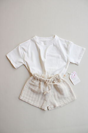 Bej Kontrast Dikişli Asimetrik Şortlu Takım