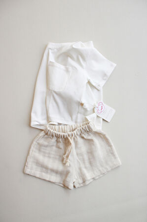 Bej Kontrast Dikişli Asimetrik Şortlu Takım