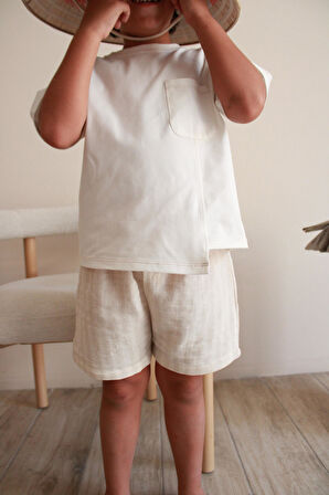 Bej Kontrast Dikişli Asimetrik Şortlu Takım