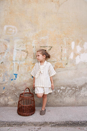 Haki Çizgili Yaka Bağlamalı Alt Üst Takım 