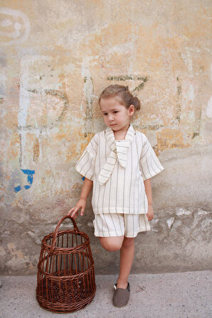 Haki Çizgili Yaka Bağlamalı Alt Üst Takım 