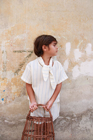 Mavi Çizgili Yaka Bağlamalı Alt Üst Takım 