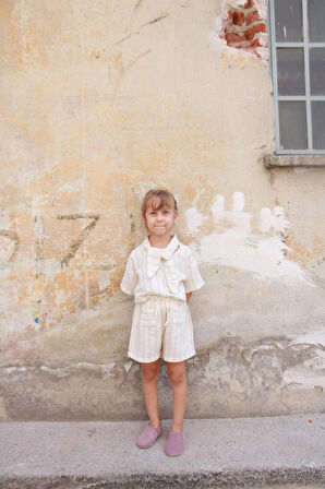 Mavi Çizgili Yaka Bağlamalı Alt Üst Takım 