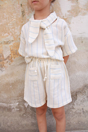 Mavi Çizgili Yaka Bağlamalı Alt Üst Takım 