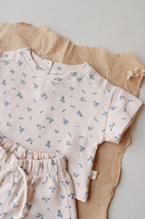 Mavi Çiçek Baskılı Waffle Şort Takım