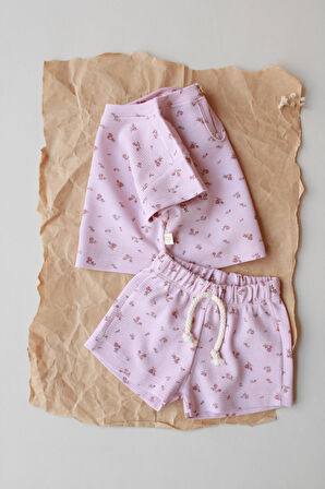 Pembe Çiçek Baskılı Waffle Şort Takım