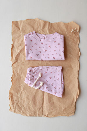 Pembe Çiçek Baskılı Waffle Şort Takım