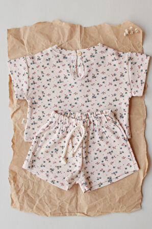 Renkli Çiçek Baskılı Waffle Şort Takım