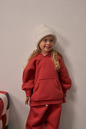 Kiremit Çocuk Kanguru Cepli Oversize Eşofman Takımı