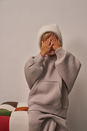 Gri Çocuk Kanguru Cepli Oversize Eşofman Takımı