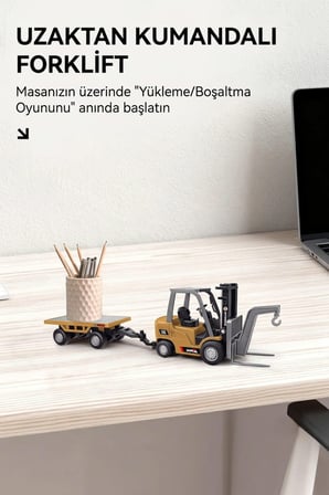 1:64 Metal Uzaktan Kumandalı Forklift ve Römork | Şarjlı İş Makinesi Oyuncak Seti