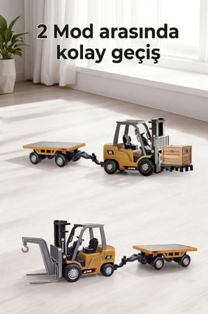 1:64 Metal Uzaktan Kumandalı Forklift ve Römork | Şarjlı İş Makinesi Oyuncak Seti