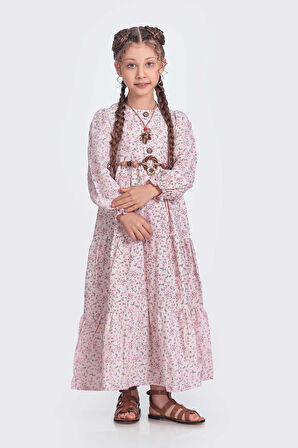 Pembe Müslin Kumaş Kız Çocuk Uzun Kol Elbise 1675
