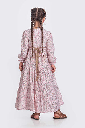 Pembe Müslin Kumaş Kız Çocuk Uzun Kol Elbise 1675