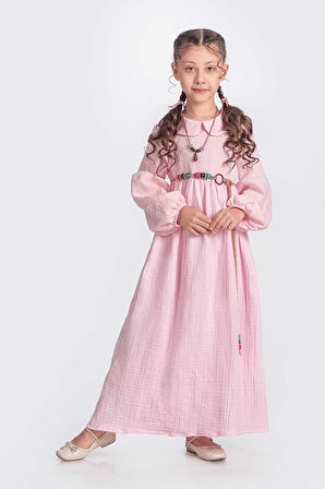 Pembe Müslin Kumaş Bebe Yaka Kız Çocuk Uzun Kol  Elbise 1679
