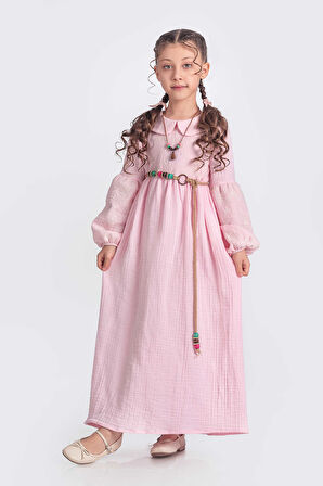 Pembe Müslin Kumaş Bebe Yaka Kız Çocuk Uzun Kol  Elbise 1679